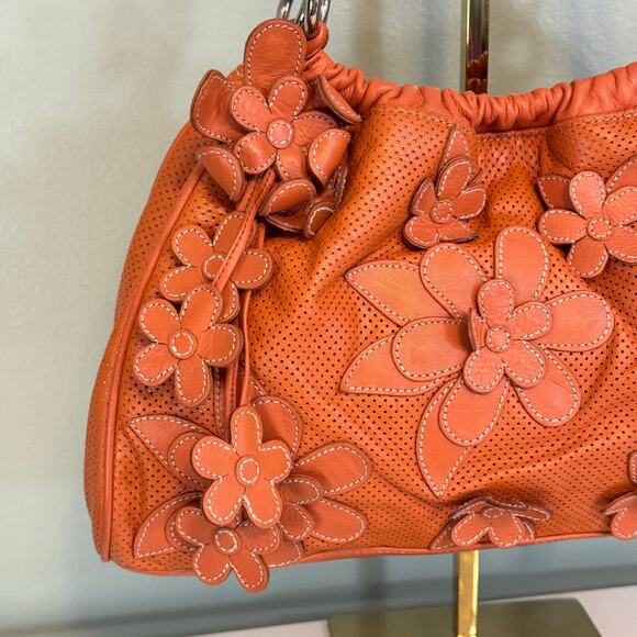 Isabella Fiore Shoulder Handbag Orange Leather Floral Perforated Retro Hippie - Picture 2 of 11